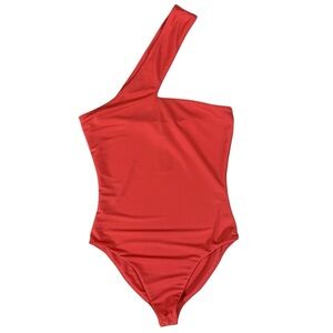 H:ours Hammour Red One Shoulder Bodysuit XXS Modern Minimalist Stretchy Snap